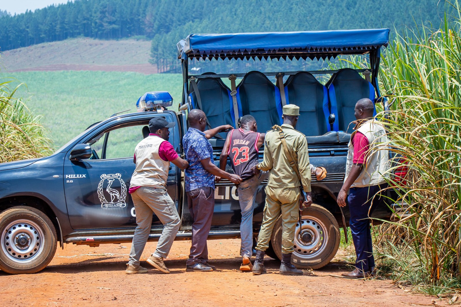 Streams of Joy Services officers and Uganda Police officers detaining a suspect beside a police pickup at the edge of a cane field